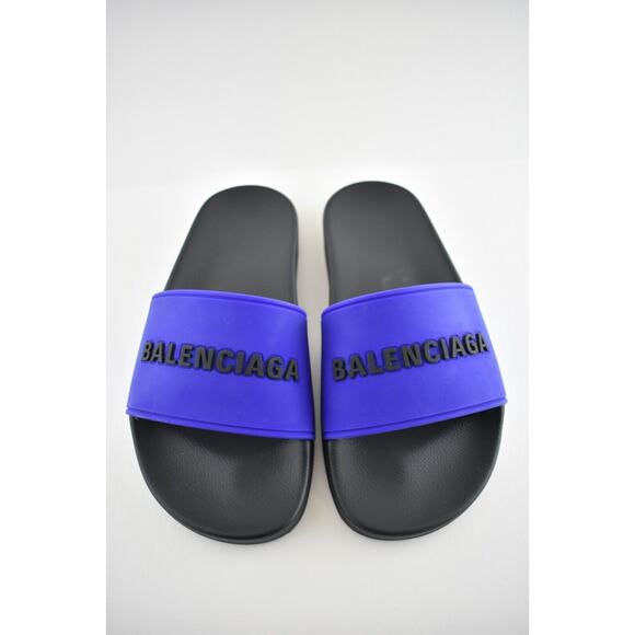 Balenciaga Black Blue Bicolor Rubber Logo Slide On Pool Sandal Flip Flop Flat 37 - Picture 8 of 12